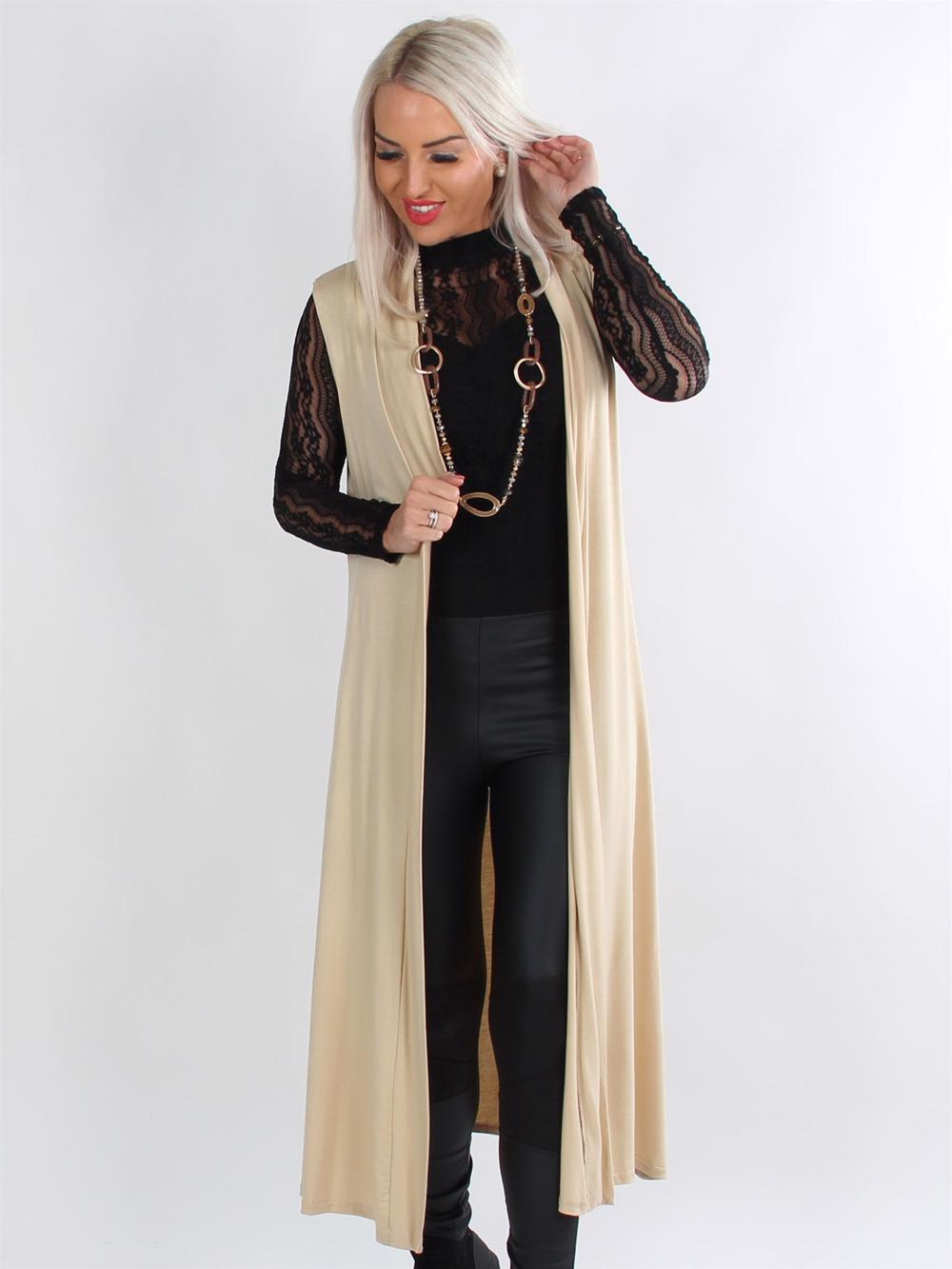 Mia - Armygrøn lang jersey cardigan uden ærmer